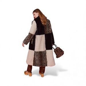 GIFTABLE NWT JAYLEY Maxi Checkered Leopard Print Faux Shearling Coat